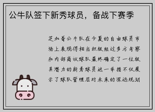 公牛队签下新秀球员，备战下赛季