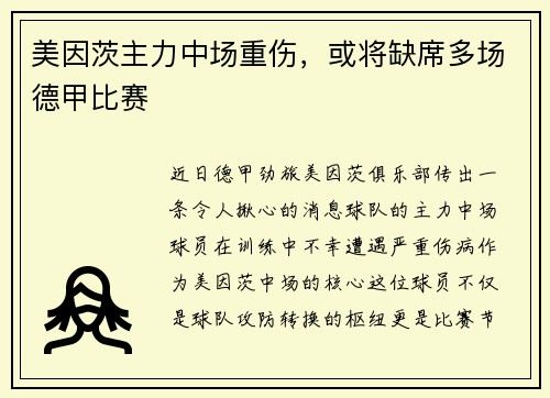 美因茨主力中场重伤，或将缺席多场德甲比赛