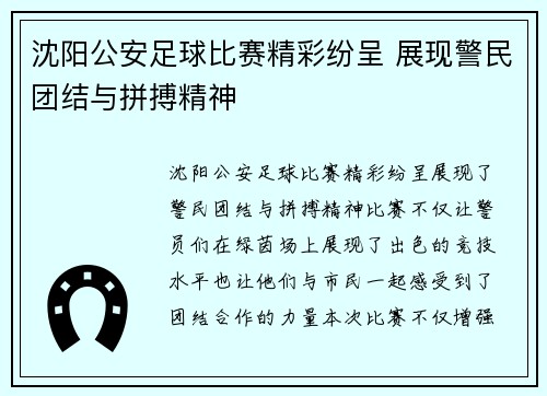 沈阳公安足球比赛精彩纷呈 展现警民团结与拼搏精神