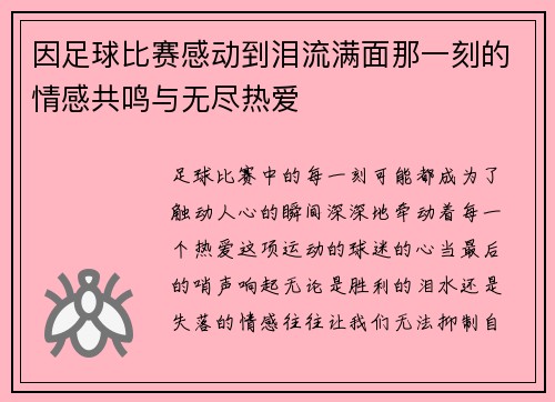 因足球比赛感动到泪流满面那一刻的情感共鸣与无尽热爱