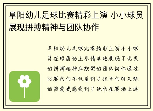 阜阳幼儿足球比赛精彩上演 小小球员展现拼搏精神与团队协作