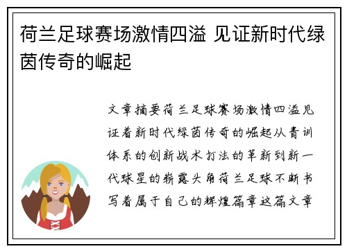 荷兰足球赛场激情四溢 见证新时代绿茵传奇的崛起