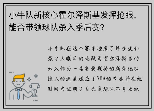 小牛队新核心霍尔泽斯基发挥抢眼，能否带领球队杀入季后赛？