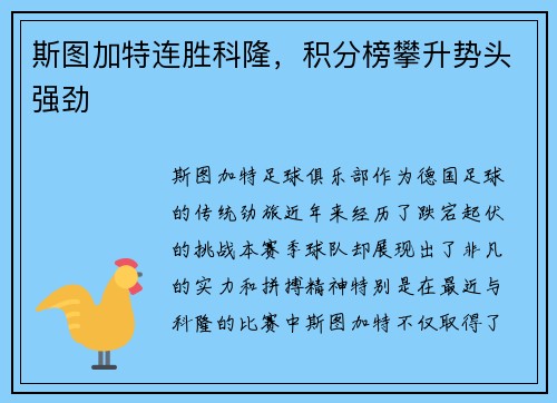 斯图加特连胜科隆，积分榜攀升势头强劲