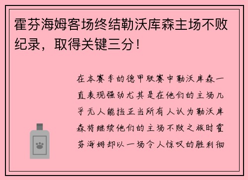 霍芬海姆客场终结勒沃库森主场不败纪录，取得关键三分！