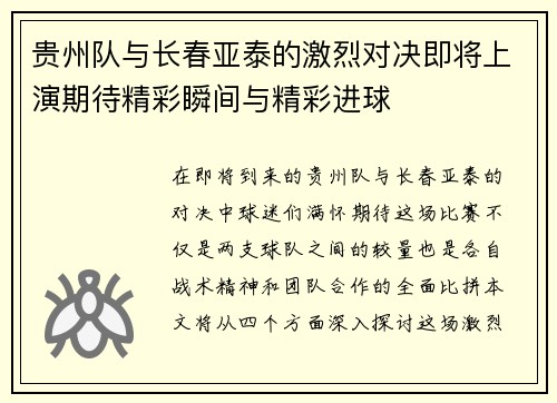 贵州队与长春亚泰的激烈对决即将上演期待精彩瞬间与精彩进球