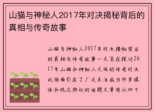 山猫与神秘人2017年对决揭秘背后的真相与传奇故事