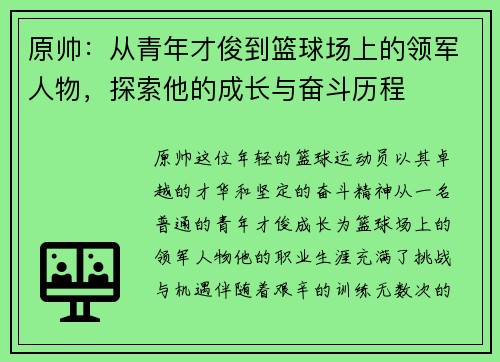 原帅：从青年才俊到篮球场上的领军人物，探索他的成长与奋斗历程