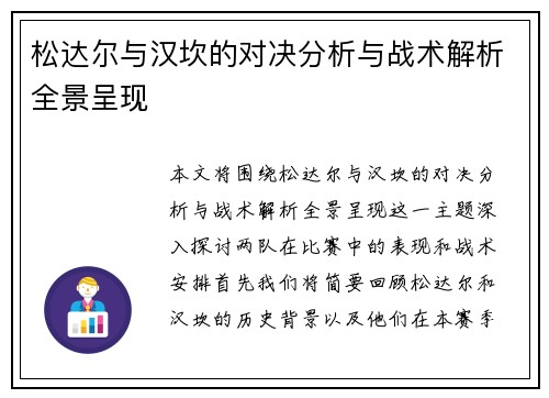 松达尔与汉坎的对决分析与战术解析全景呈现