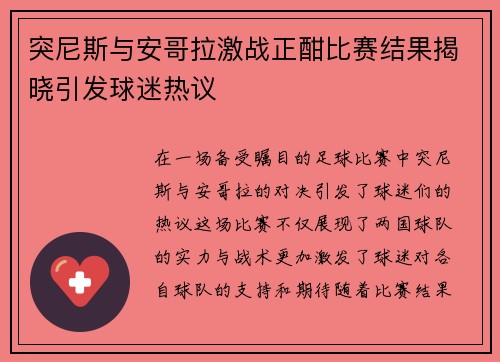 突尼斯与安哥拉激战正酣比赛结果揭晓引发球迷热议