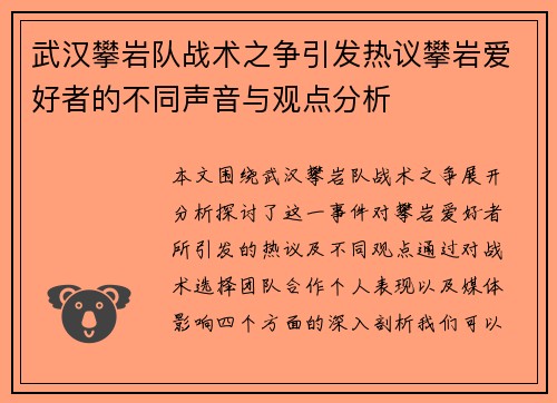 武汉攀岩队战术之争引发热议攀岩爱好者的不同声音与观点分析